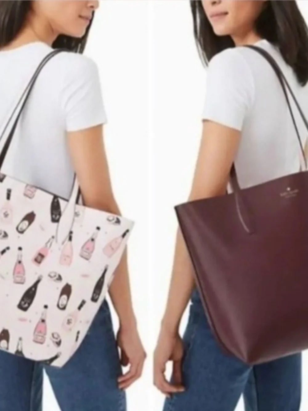 kate spade Pink Champagne Print Reversible Tote Bag with Burgundy Pouch